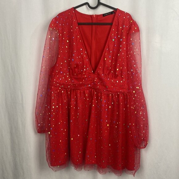 Double Crazy Puff Sleeve Ruched Waist Sheer Mesh Overlay Dress - Size 3XL - Picture 2 of 12